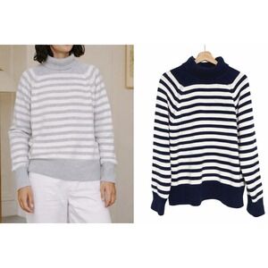 Colori Cashmere Nautical Striped Turtleneck Sweater Navy White S